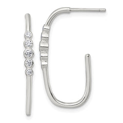 QE18102 Sterling Silver Polished Bezel Set CZ Post J-Hoop Earrings