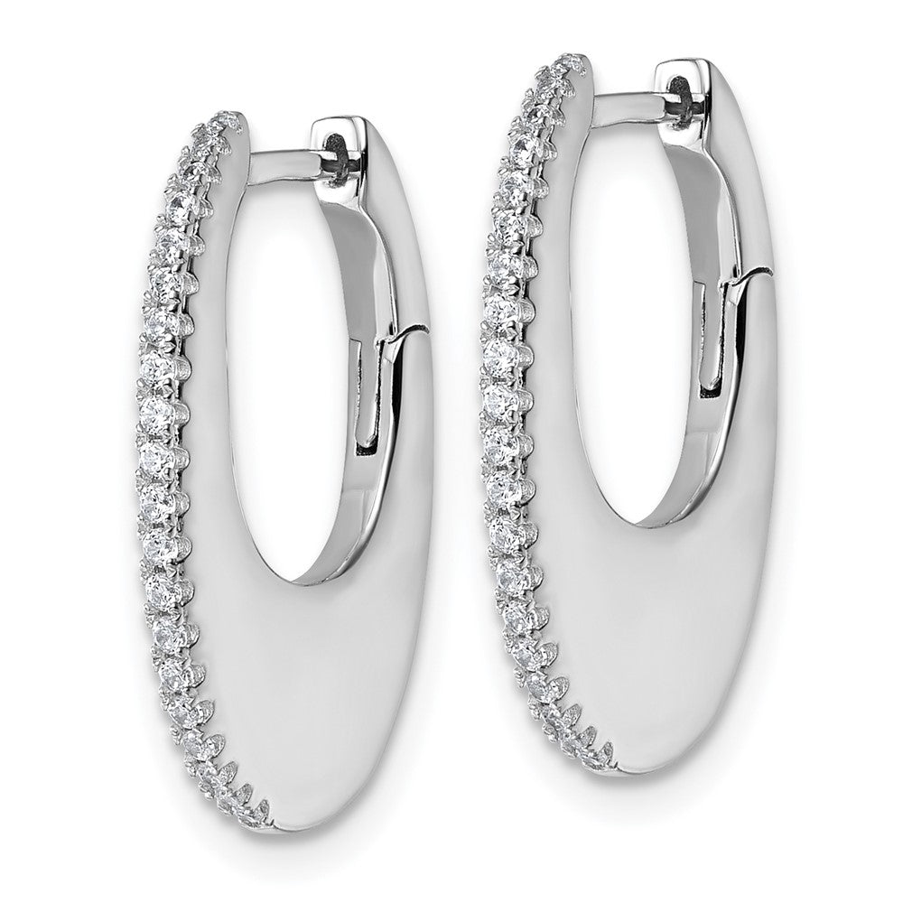QE18104 Sterling Silver Rhodium-plated CZ Polished Oval Hinged Hoop Earrings