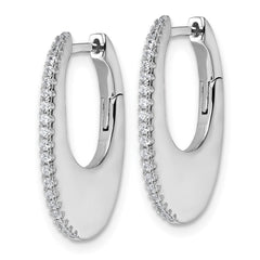 QE18104 Sterling Silver Rhodium-plated CZ Polished Oval Hinged Hoop Earrings