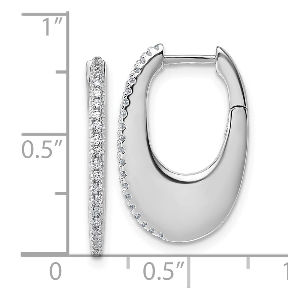 QE18104 Sterling Silver Rhodium-plated CZ Polished Oval Hinged Hoop Earrings