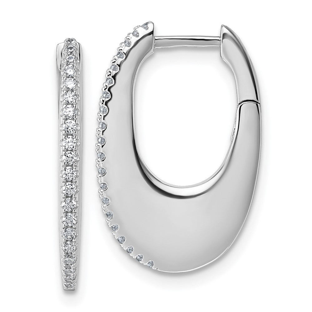 QE18104 Sterling Silver Rhodium-plated CZ Polished Oval Hinged Hoop Earrings