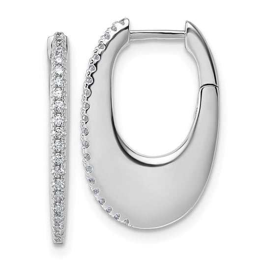 QE18104 Sterling Silver Rhodium-plated CZ Polished Oval Hinged Hoop Earrings