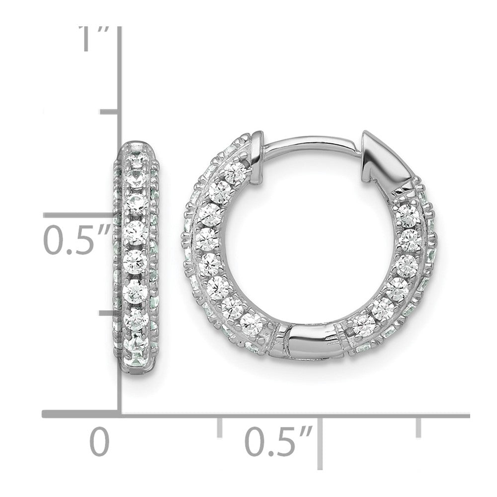 QE18105 Sterling Silver Rhodium-plated Polished CZ Round Hinged Hoop Earrings