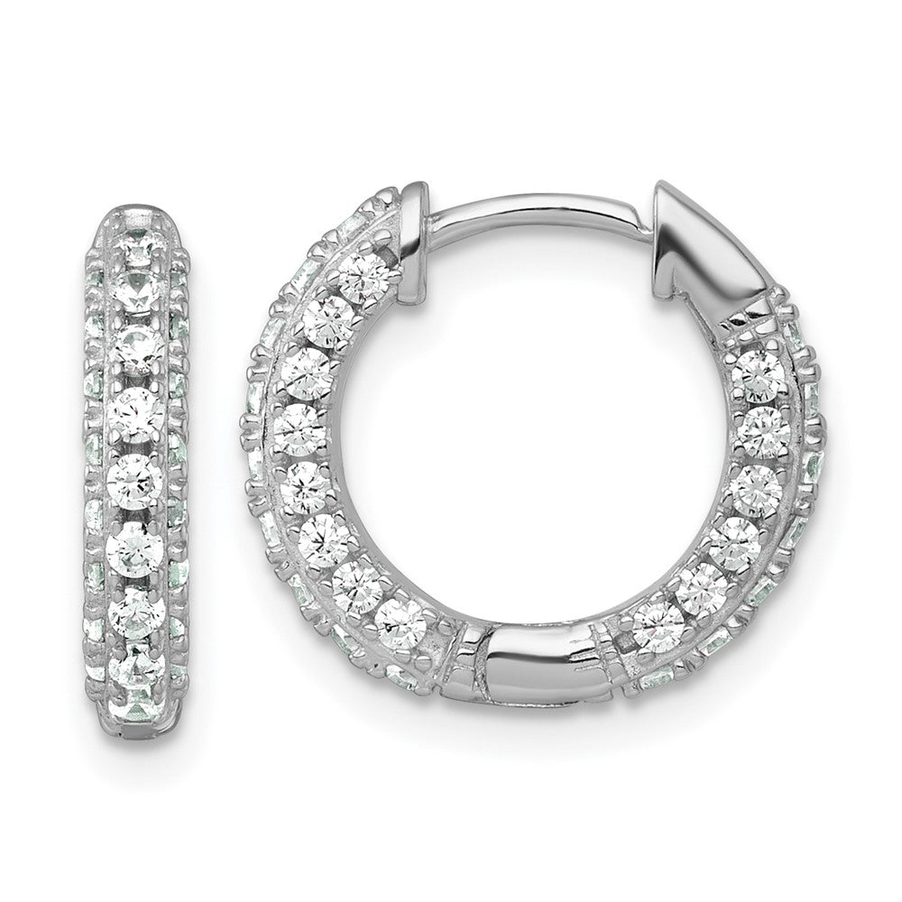 QE18105 Sterling Silver Rhodium-plated Polished CZ Round Hinged Hoop Earrings