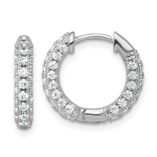 QE18105 Sterling Silver Rhodium-plated Polished CZ Round Hinged Hoop Earrings