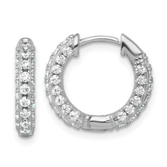 QE18105 Sterling Silver Rhodium-plated Polished CZ Round Hinged Hoop Earrings