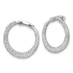 QE18106 Sterling Silver Rhodium-plated Polished Micro Pave CZ Round Offset Hinged Hoop Earrings
