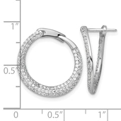QE18106 Sterling Silver Rhodium-plated Polished Micro Pave CZ Round Offset Hinged Hoop Earrings