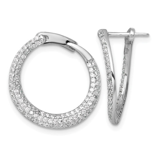 QE18106 Sterling Silver Rhodium-plated Polished Micro Pave CZ Round Offset Hinged Hoop Earrings