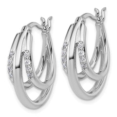 QE18107 Sterling Silver Rhodium-plated Polished White CZ Triple Hoop Earrings