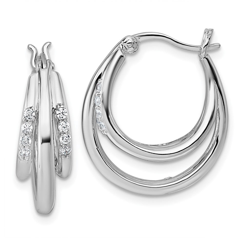 QE18107 Sterling Silver Rhodium-plated Polished White CZ Triple Hoop Earrings