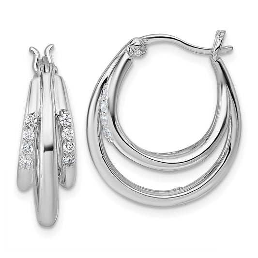 QE18107 Sterling Silver Rhodium-plated Polished White CZ Triple Hoop Earrings