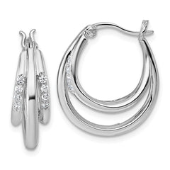 QE18107 Sterling Silver Rhodium-plated Polished White CZ Triple Hoop Earrings