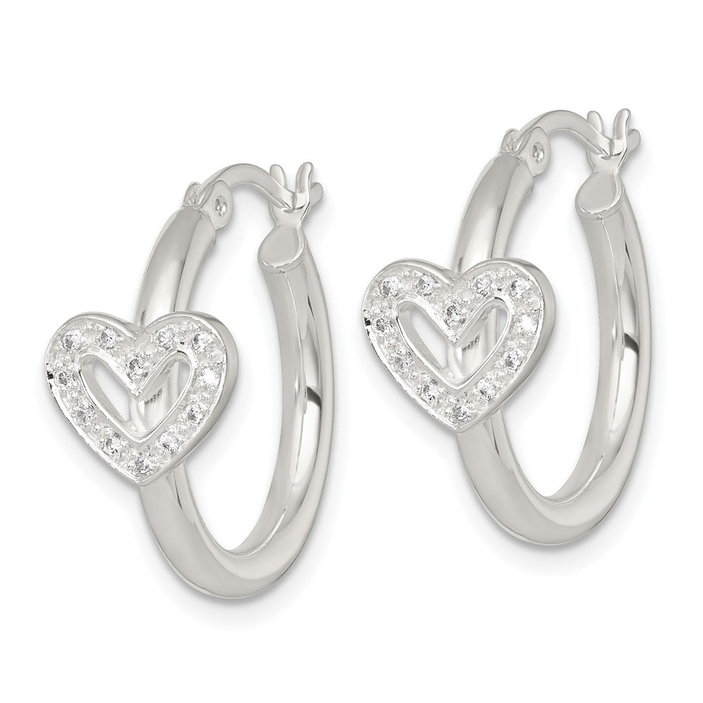 QE18109 Sterling Silver Polished CZ Heart Round Hoop Earrings
