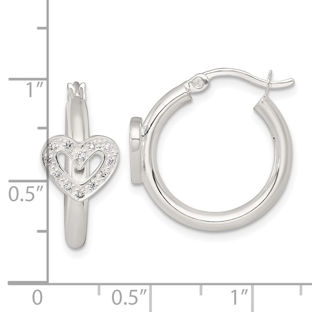 QE18109 Sterling Silver Polished CZ Heart Round Hoop Earrings
