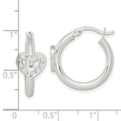 QE18109 Sterling Silver Polished CZ Heart Round Hoop Earrings