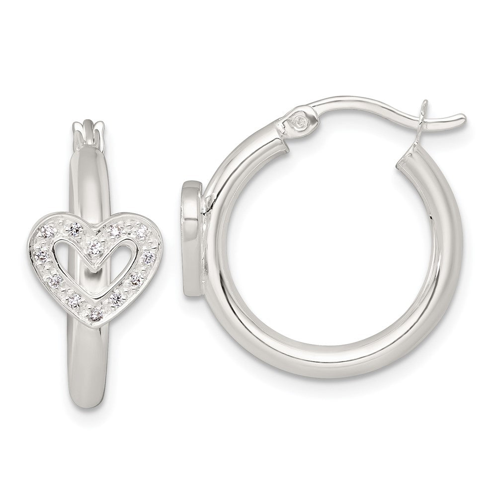 QE18109 Sterling Silver Polished CZ Heart Round Hoop Earrings
