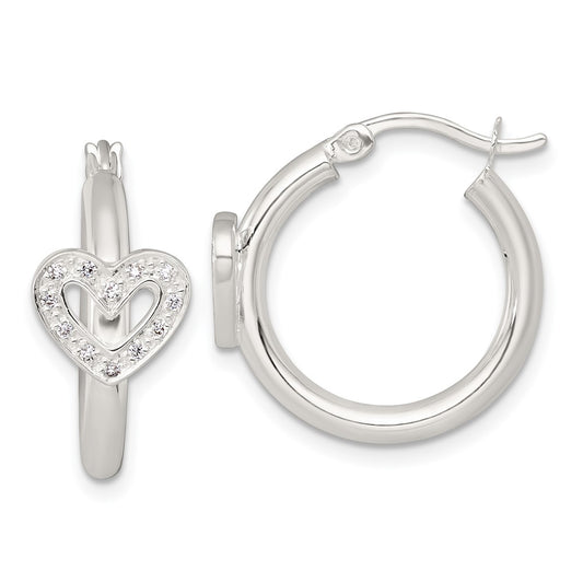 QE18109 Sterling Silver Polished CZ Heart Round Hoop Earrings