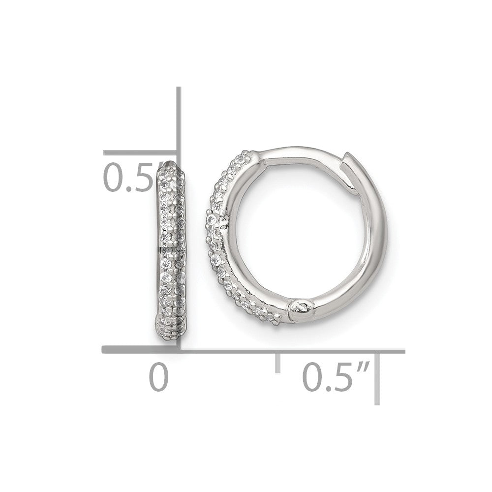QE18110 Sterling Silver Polished CZ 12mm Hinged Round Hoop Earrings