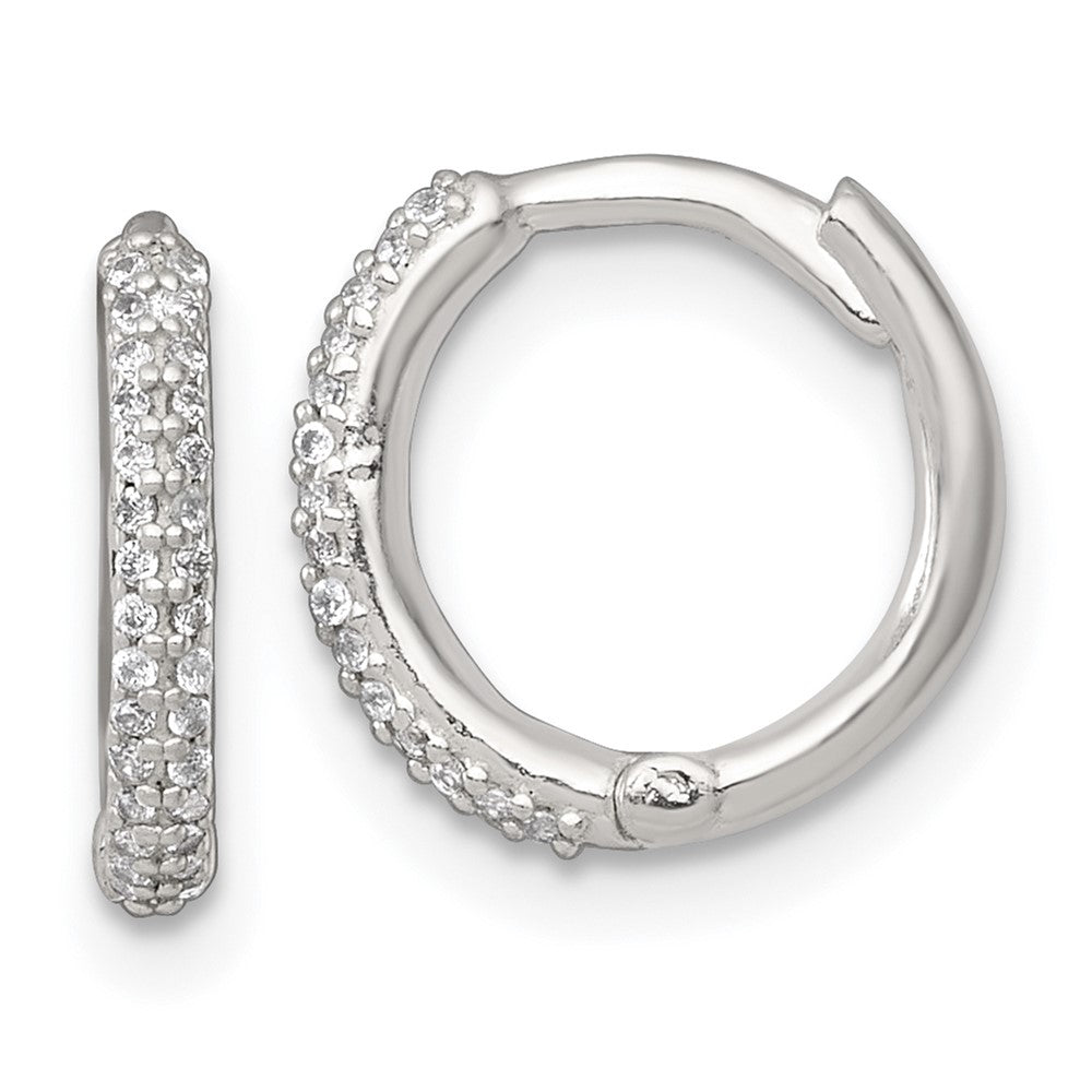 QE18110 Sterling Silver Polished CZ 12mm Hinged Round Hoop Earrings