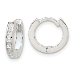 QE18111 Sterling Silver Polished CZ and White Enamel In and Out 13mm Hinged Round Hoop Earrings