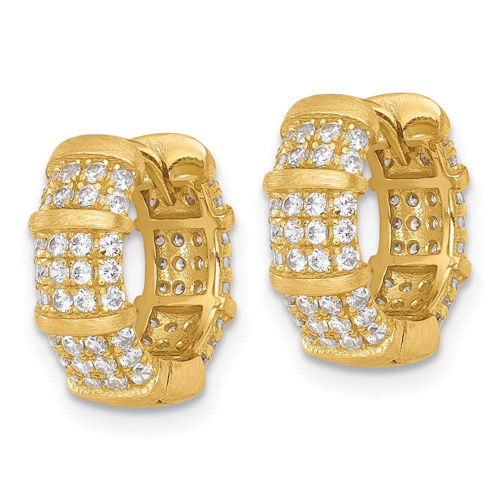 QE18112GP Sterling Silver Gold-Tone Polished and Textured CZ 5.4mm Round Hinged Hoop Earrings