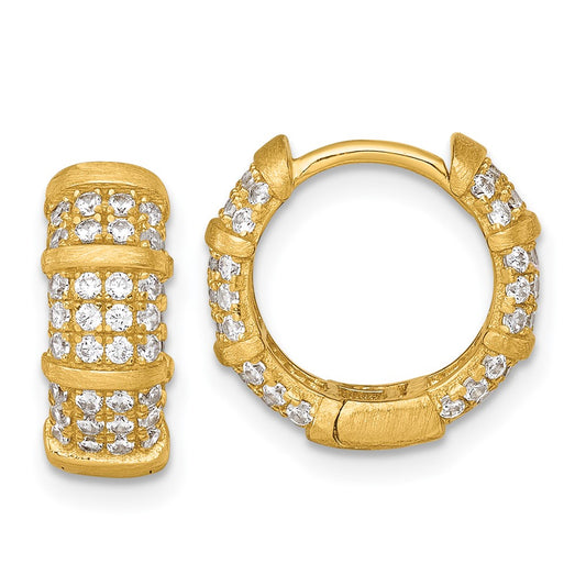 QE18112GP Sterling Silver Gold-Tone Polished and Textured CZ 5.4mm Round Hinged Hoop Earrings