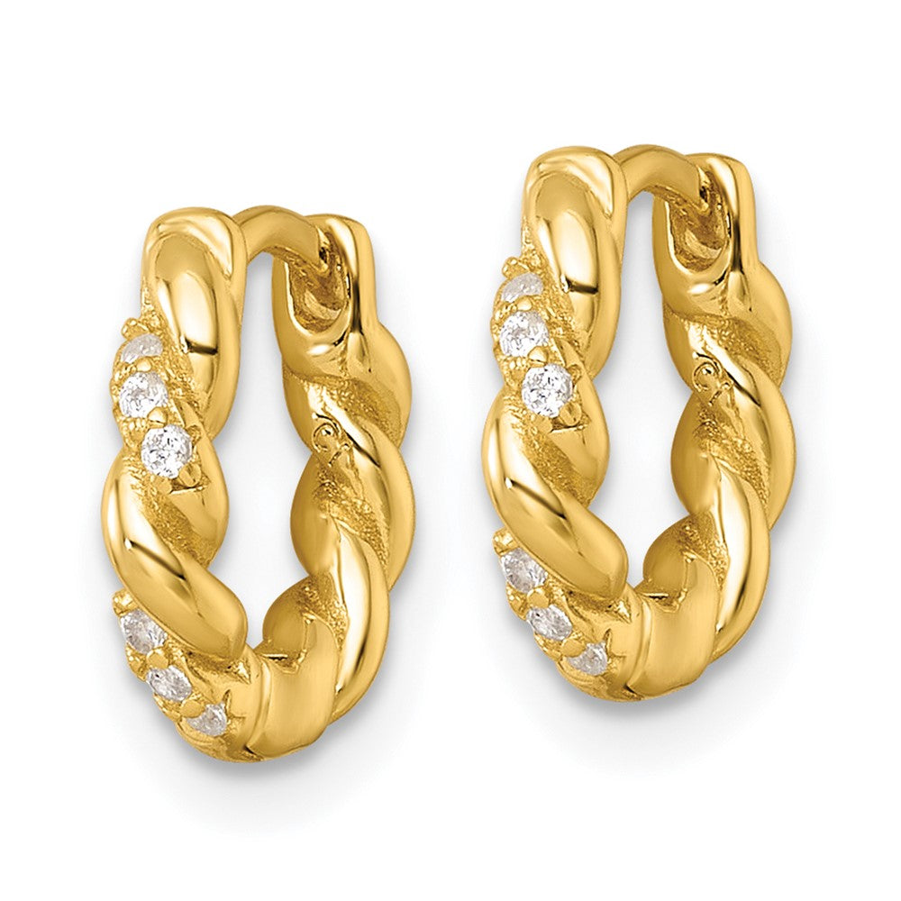 QE18114GP Sterling Silver Gold-tone Polished and Twisted CZ Round Hinged Hoop Earrings