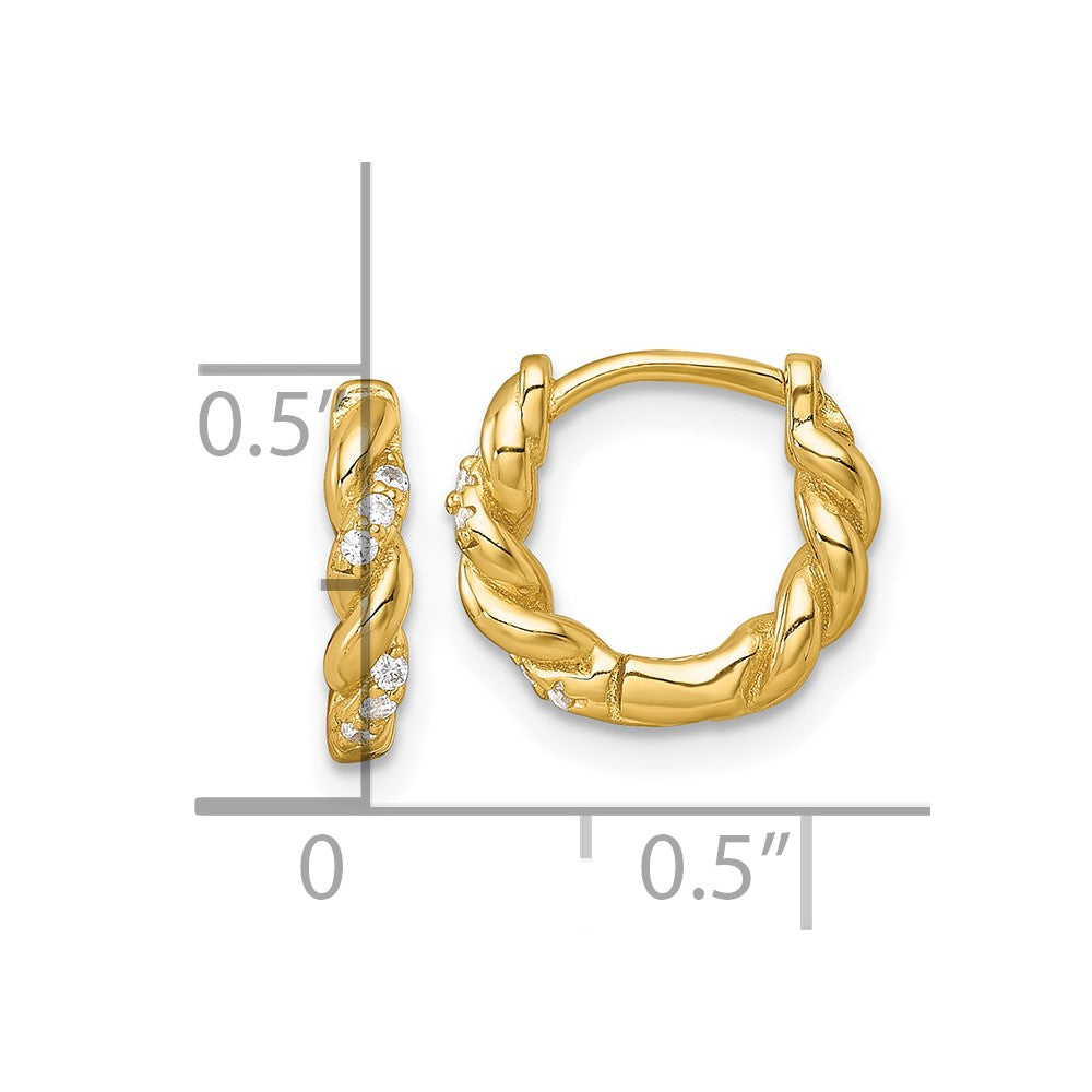 QE18114GP Sterling Silver Gold-tone Polished and Twisted CZ Round Hinged Hoop Earrings