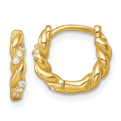 QE18114GP Sterling Silver Gold-tone Polished and Twisted CZ Round Hinged Hoop Earrings