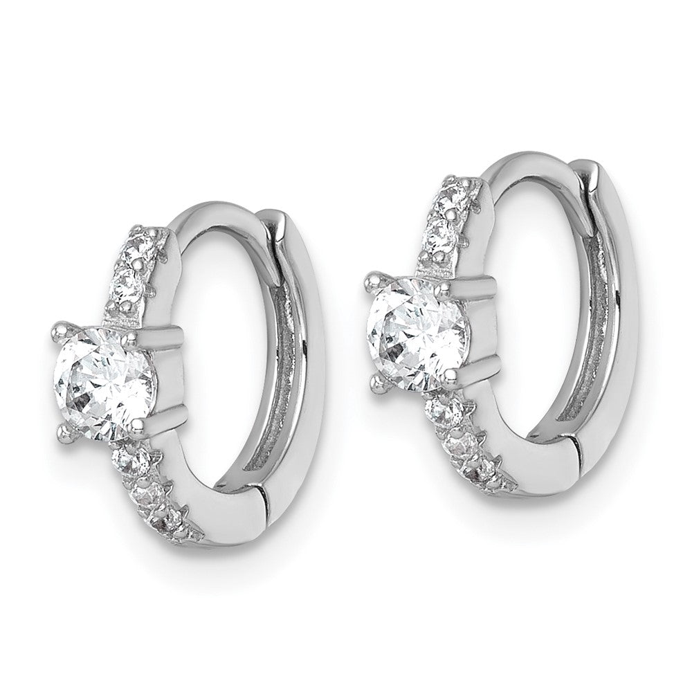 QE18115 Sterling Silver Rhodium-plated Polished CZ Round Hinged Hoop Earrings
