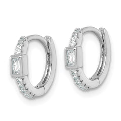 QE18116 Sterling Silver Rhodium-plated Polished Round and Emerald-cut CZ Round Hinged Hoop Earrings
