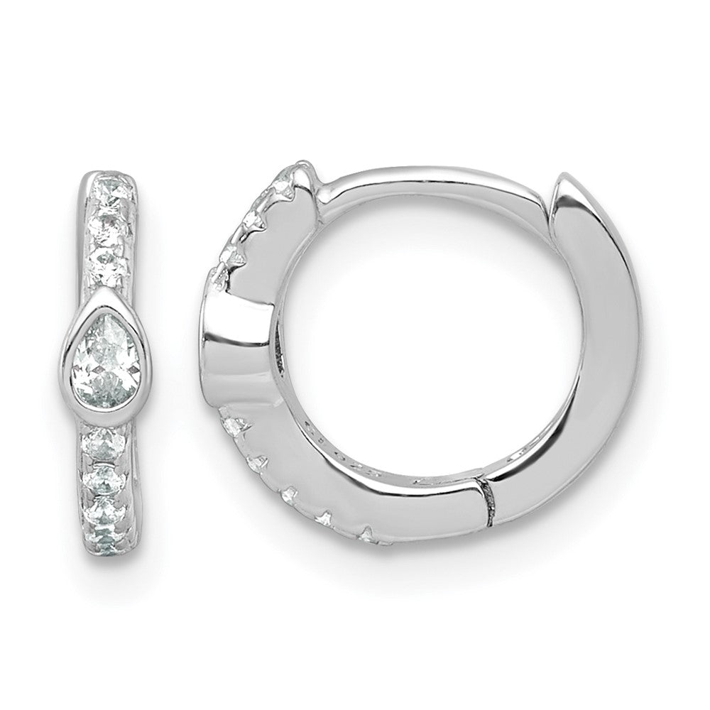QE18118 Sterling Silver Rhodium-plated Polished Round and Pear Shaped CZ Round Hinged Hoop Earrings