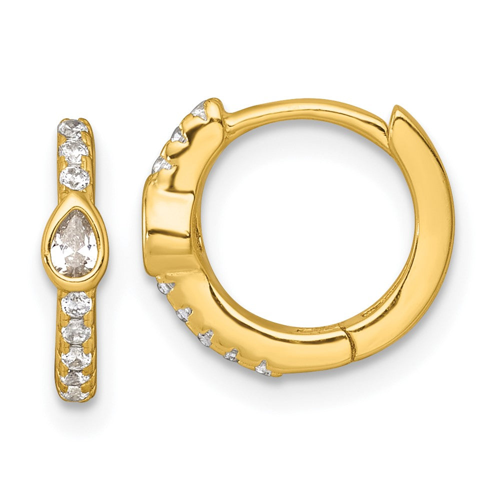 QE18118GP Sterling Silver Gold-tone Polished Round and Pear Shaped CZ Round Hinged Hoop Earrings