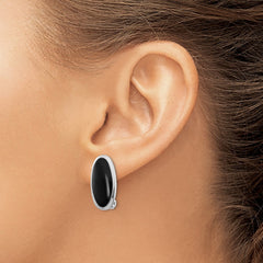 QE1812 Sterling Silver Rhodium-plated Polished Onyx Non-Pierced Oval Earrings