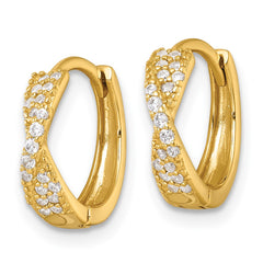 QE18122GP Sterling Silver Gold-tone Polished CZ -X- Round Hinged Hoop Earrings