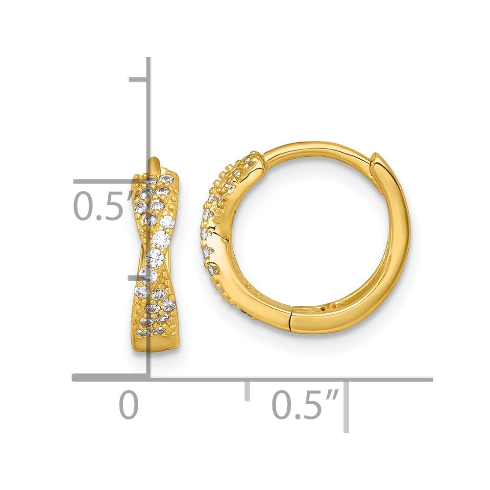 QE18122GP Sterling Silver Gold-tone Polished CZ -X- Round Hinged Hoop Earrings