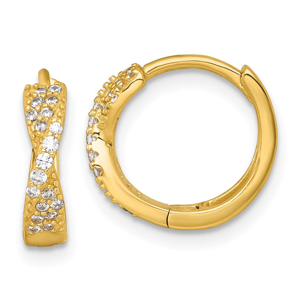 QE18122GP Sterling Silver Gold-tone Polished CZ -X- Round Hinged Hoop Earrings