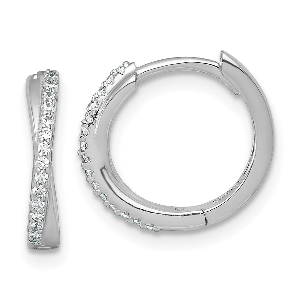QE18123 Sterling Silver Rhodium-plated Polished CZ -X- Round Hinged Hoop Earrings
