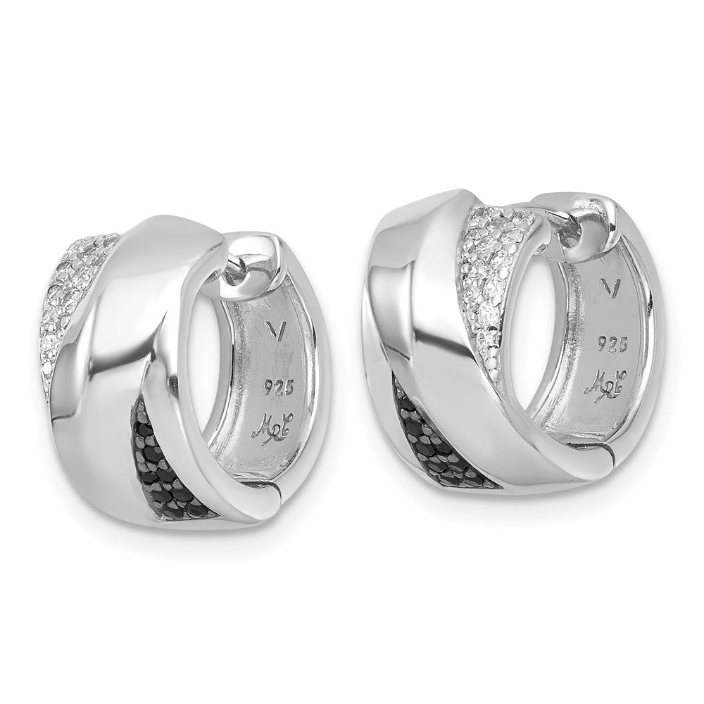 QE18124 Sterling Silver Rhodium-plated Polished Black and White CZ Round Hinged Hoop Earrings