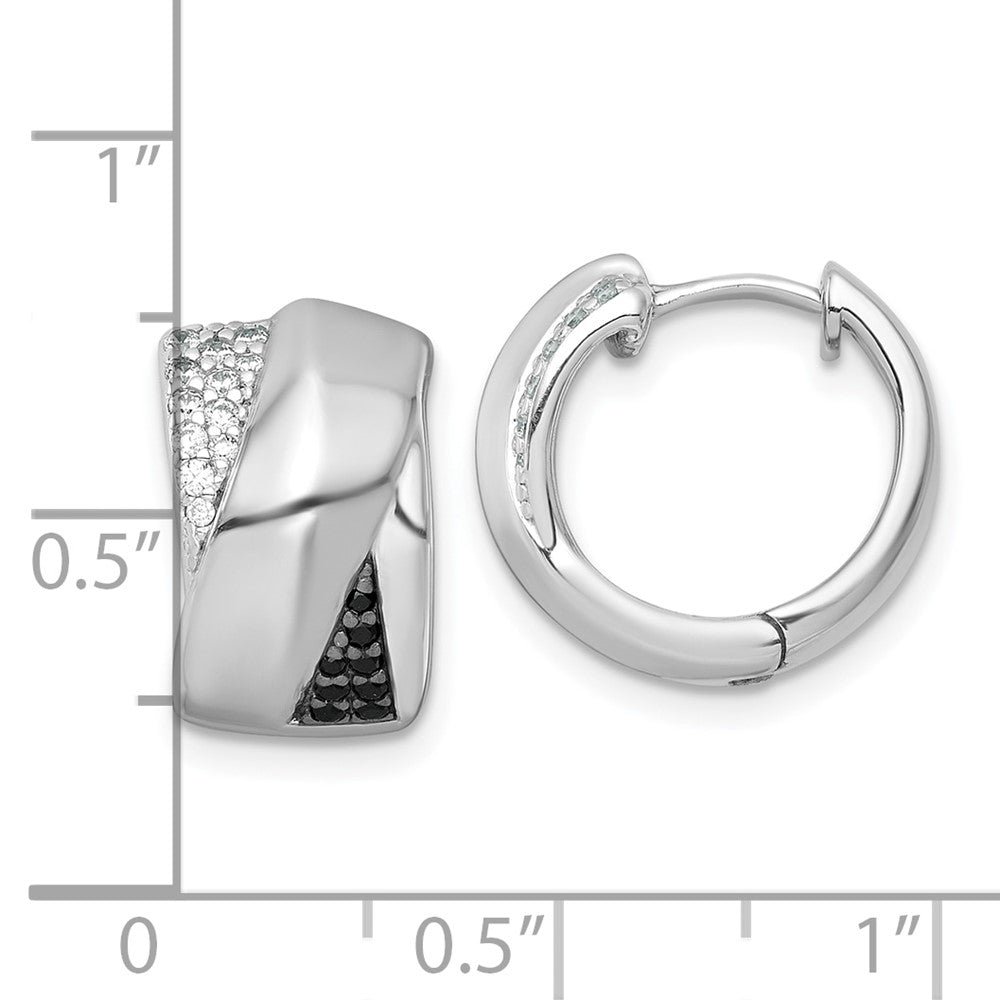 QE18124 Sterling Silver Rhodium-plated Polished Black and White CZ Round Hinged Hoop Earrings