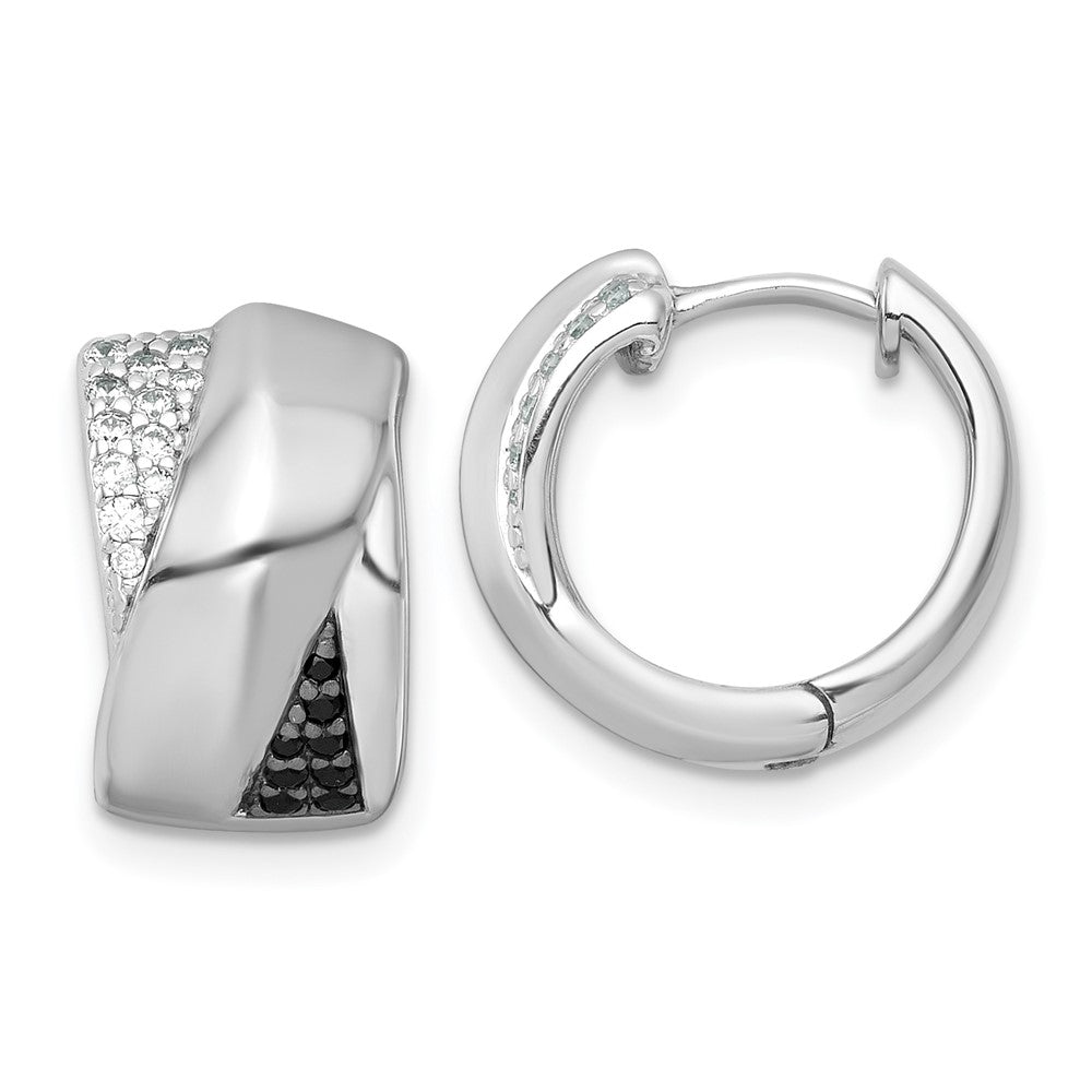 QE18124 Sterling Silver Rhodium-plated Polished Black and White CZ Round Hinged Hoop Earrings