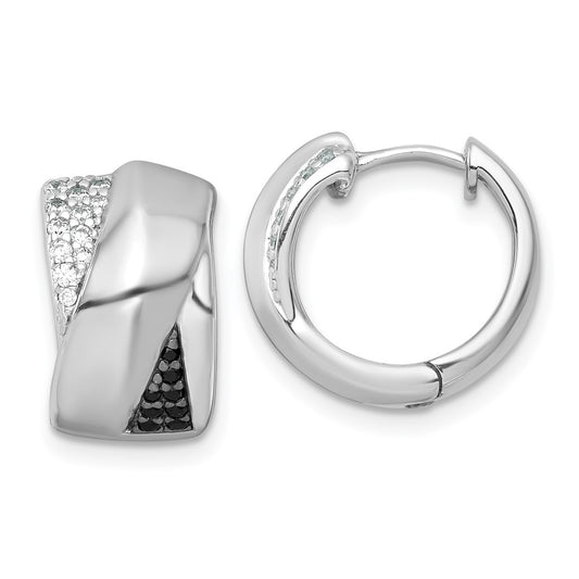 QE18124 Sterling Silver Rhodium-plated Polished Black and White CZ Round Hinged Hoop Earrings