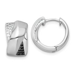 QE18124 Sterling Silver Rhodium-plated Polished Black and White CZ Round Hinged Hoop Earrings