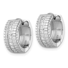 QE18125 Sterling Silver Rhodium-plated Polished and Grooved CZ 6.2mm Hinged Hoop Earrings