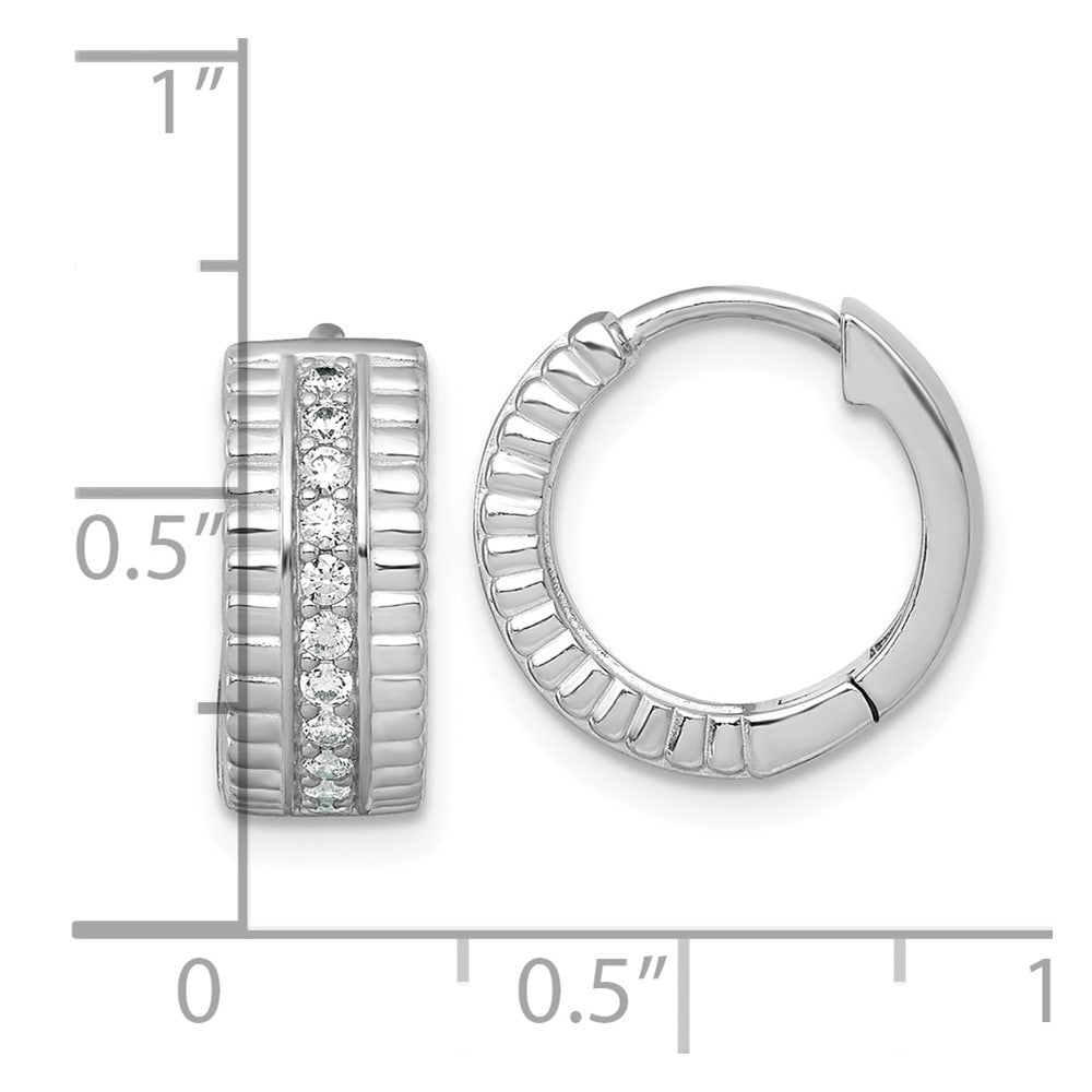 QE18125 Sterling Silver Rhodium-plated Polished and Grooved CZ 6.2mm Hinged Hoop Earrings