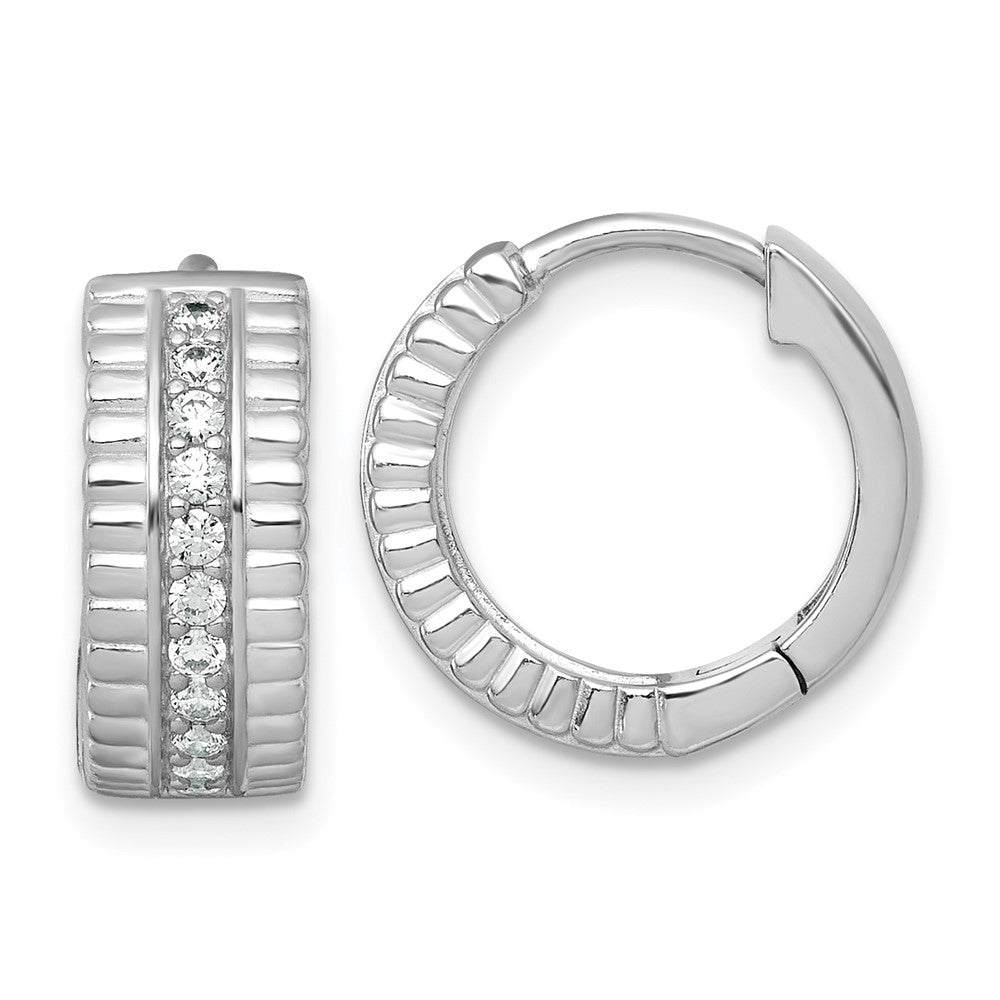 QE18125 Sterling Silver Rhodium-plated Polished and Grooved CZ 6.2mm Hinged Hoop Earrings