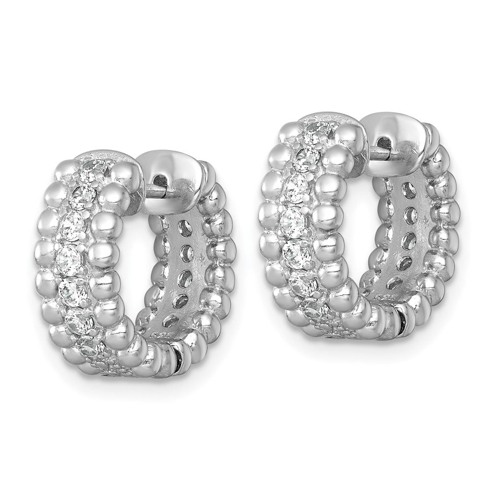 QE18126 Sterling Silver Rhodium-plated Polished and Beaded CZ Round Hinged Hoop Earrings