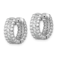 QE18126 Sterling Silver Rhodium-plated Polished and Beaded CZ Round Hinged Hoop Earrings