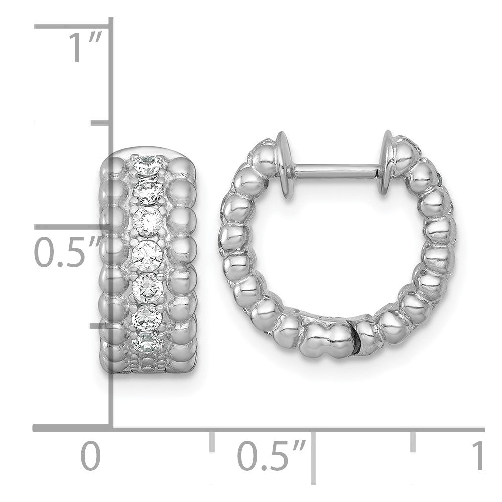 QE18126 Sterling Silver Rhodium-plated Polished and Beaded CZ Round Hinged Hoop Earrings